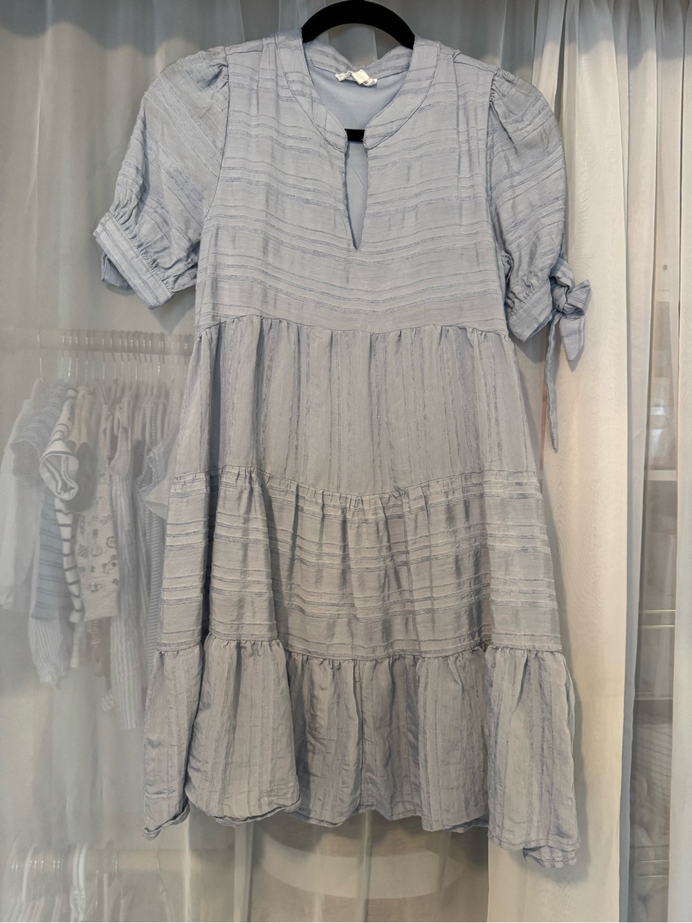 Light Blue Tiered Short Dress with Tie Sleeve Detail